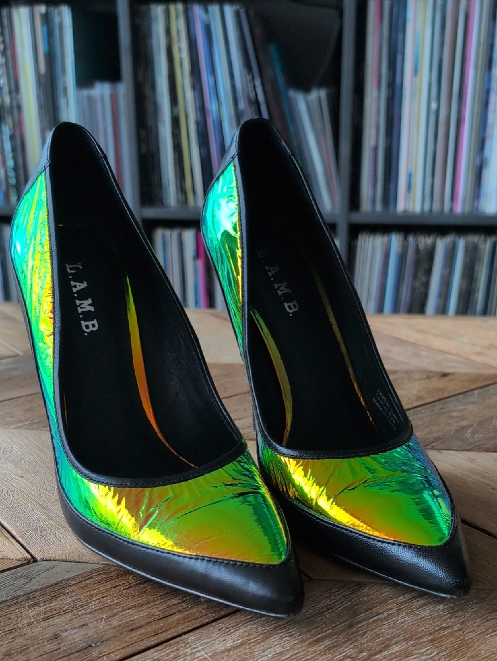 L.A.M.B. Iridescent Pointed-Toe Pumps with Black Trim